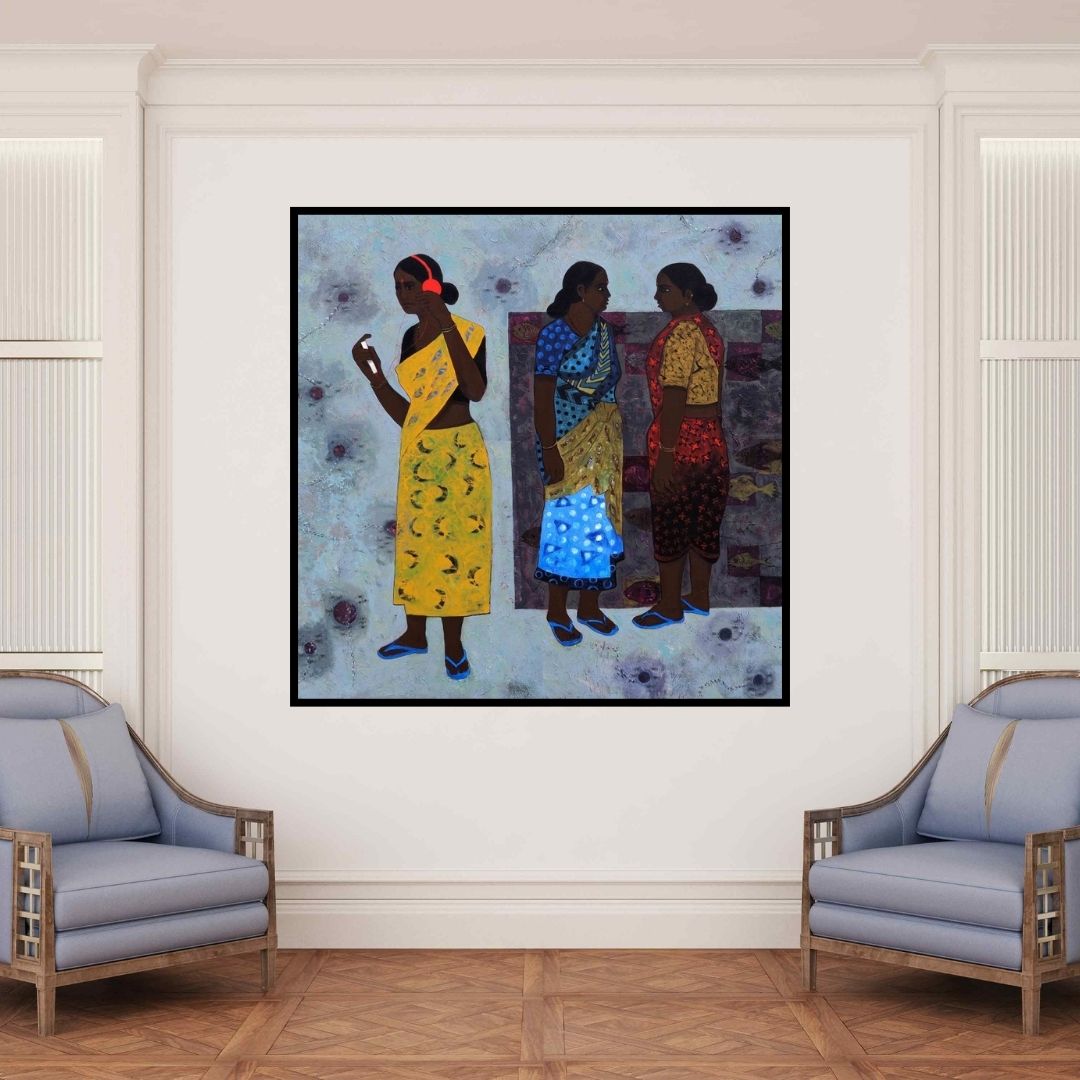 In-situ view of Harshada Kolapkar's 'Sound (The Currency of Conversation)' painting in a room