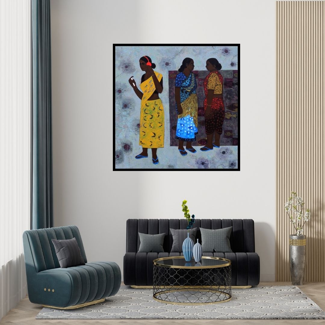 Preview of 'Sound (The Currency of Conversation)' Painting by Harshada Kolapkar shown on a wall in a furnished room.