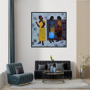 Preview of 'Sound (The Currency of Conversation)' Painting by Harshada Kolapkar shown on a wall in a furnished room.