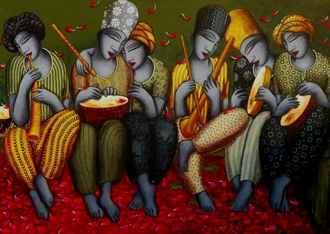 Sound Series 1: Yellow-Green Figurative painting by Samir Sarkar