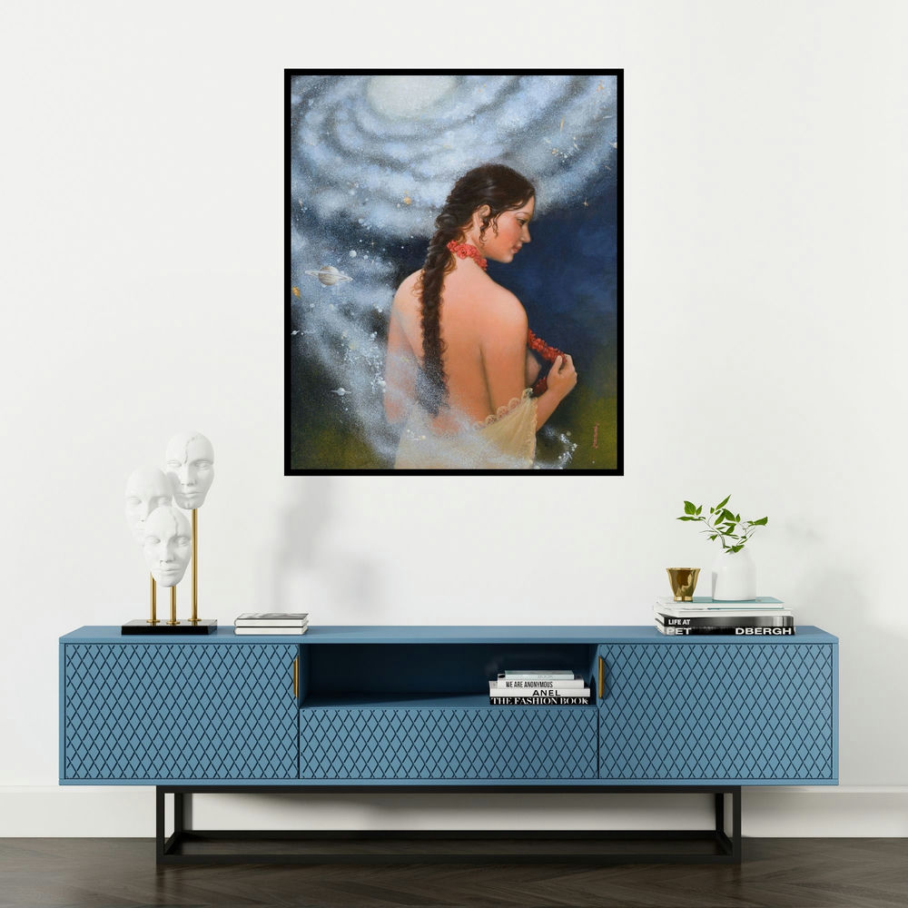 Mousumi Pal Majumdar's 'Source Of Creation 2' painting visualized above a sofa in a contemporary room.