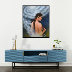 Mousumi Pal Majumdar's 'Source Of Creation 2' painting visualized above a sofa in a contemporary room.