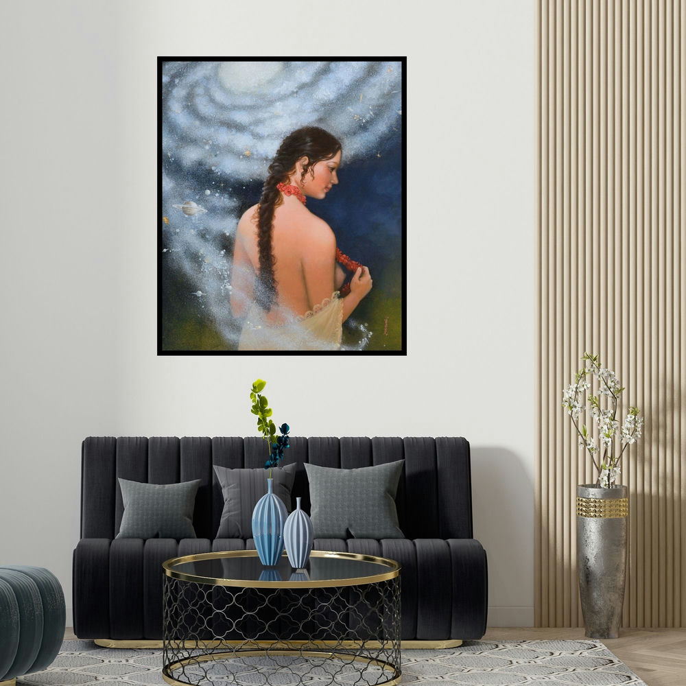 'Source Of Creation 2' painting by Mousumi Pal Majumdar shown on a wall in a furnished room.