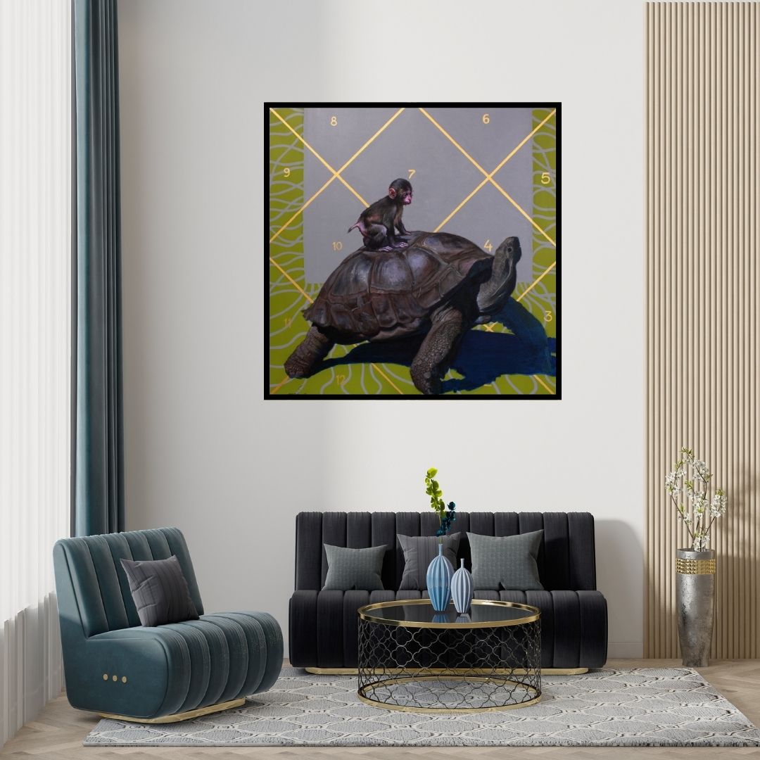 Preview of 'Source (A Cosmic Journey)' Painting by Javed Mulani shown on a wall in a furnished room.