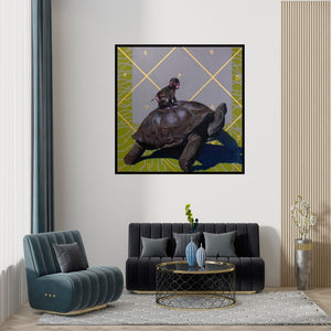 Preview of 'Source (A Cosmic Journey)' Painting by Javed Mulani shown on a wall in a furnished room.