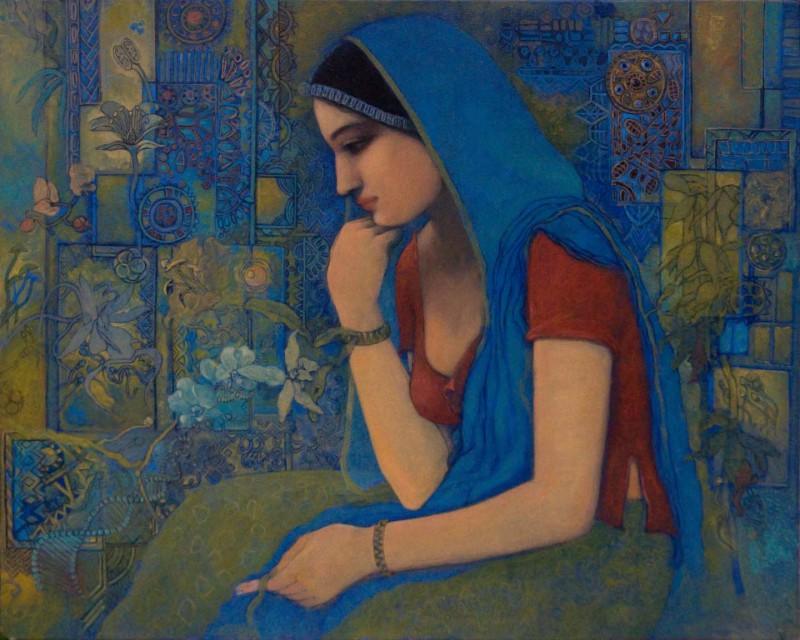 Figurative acrylic painting titled 'Source Of Creation 1', 24x30 inches, by artist Mousumi Pal Majumdar on Canvas