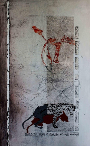 Souvenir 2 (Feline Form) by T Raju Gopalarao, Original Acrylic Contemporary Painting on Canvas, Large Vertical Wall Art