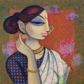 'The Sovereign Muse' figurative acrylic painting by artist Varsha Kharatamal, 18x18 inch, on canvas