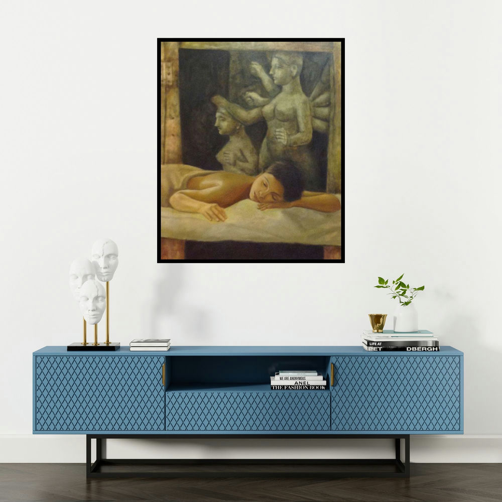 Dipak's 'Spa' painting visualized above a sofa in a contemporary room.