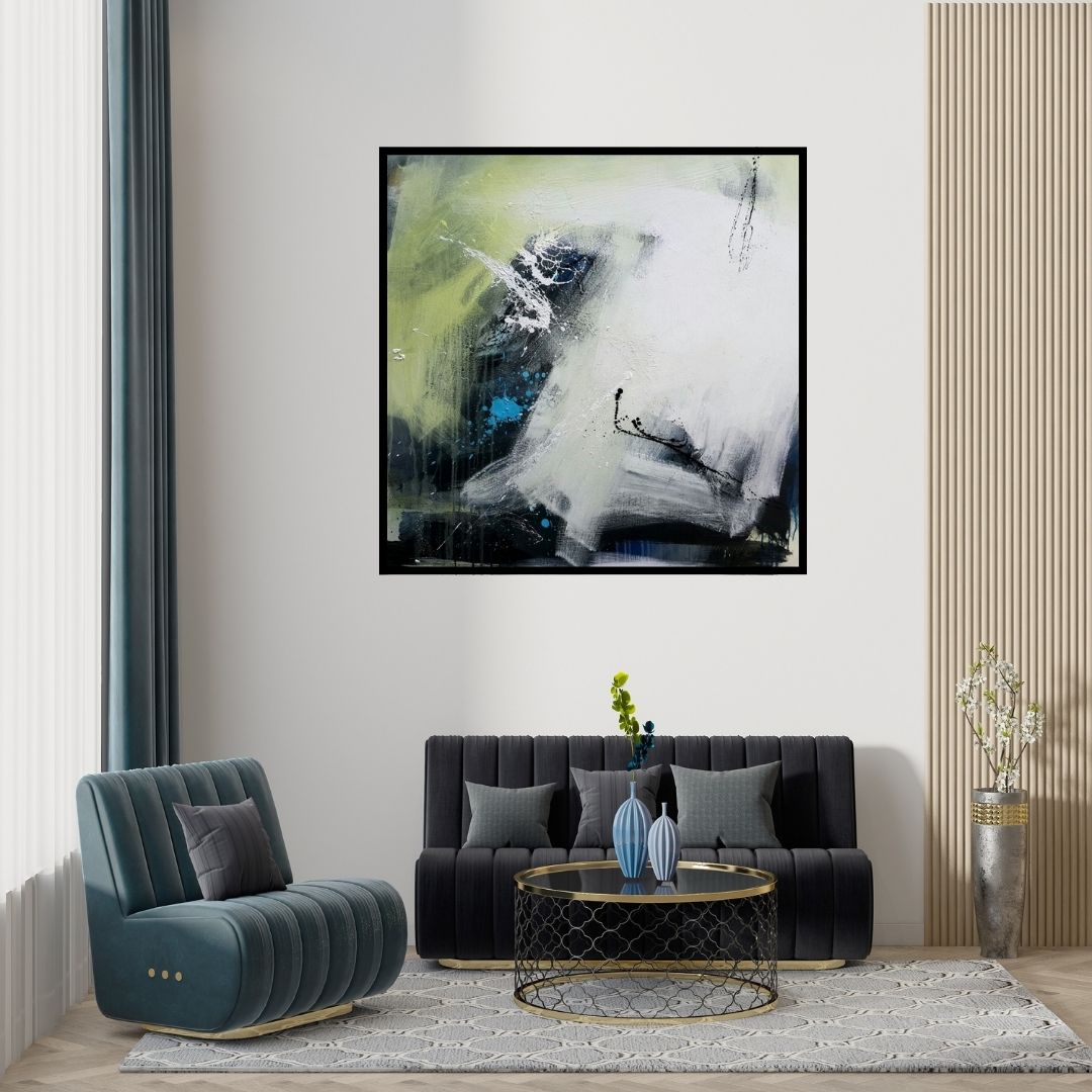 Preview of 'Space 11' Painting by Gulrez Ali shown on a wall in a furnished room.