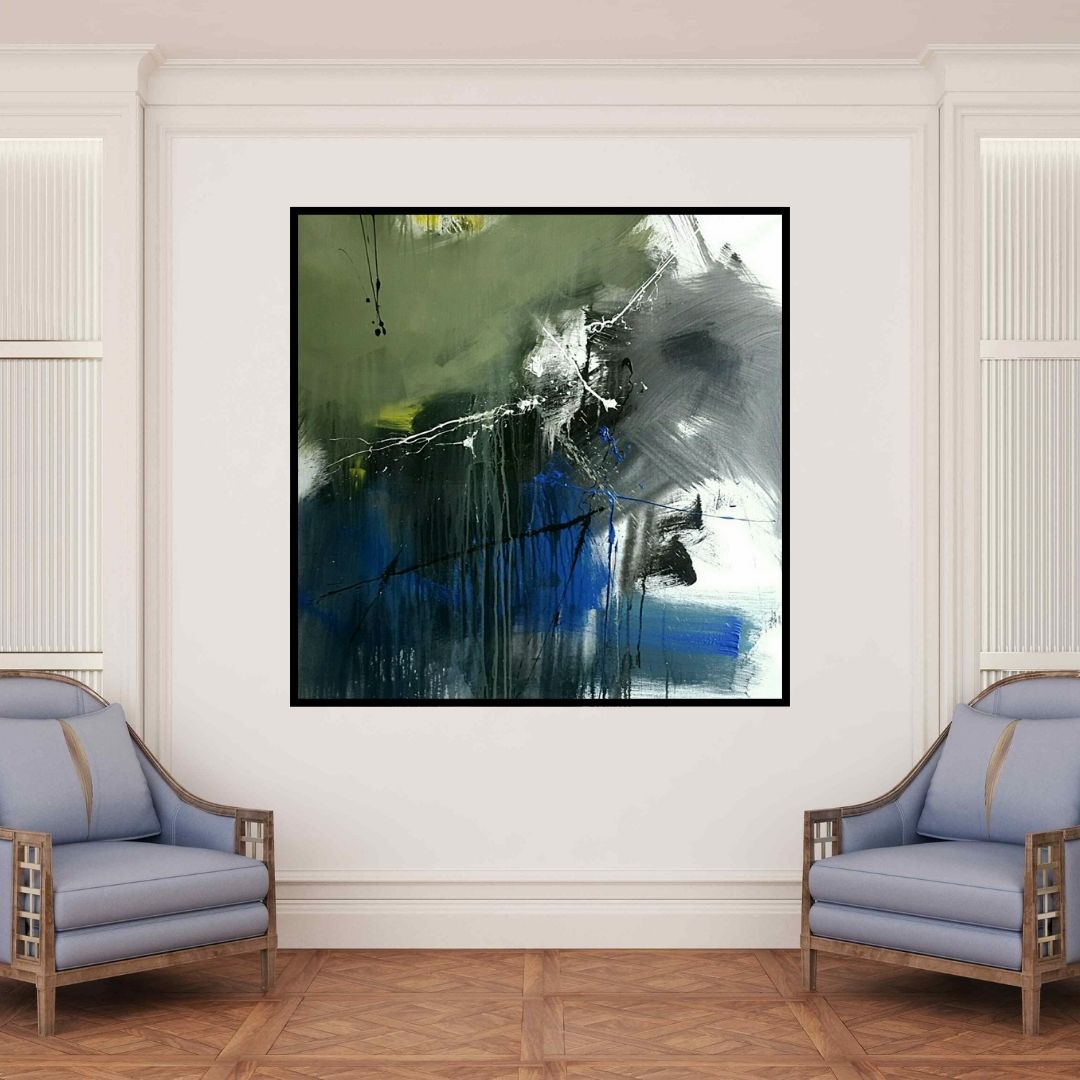 In-situ view of Gulrez Ali's 'Space 32 (Between Light and Shadow)' painting in a room