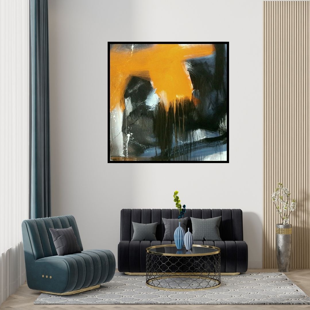 Preview of 'Space 48 (Solar Flare)' Painting by Gulrez Ali shown on a wall in a furnished room.