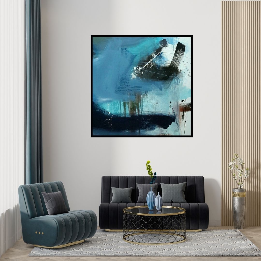 Preview of 'Space 51 (Aqua Serenity)' Painting by Gulrez Ali shown on a wall in a furnished room.