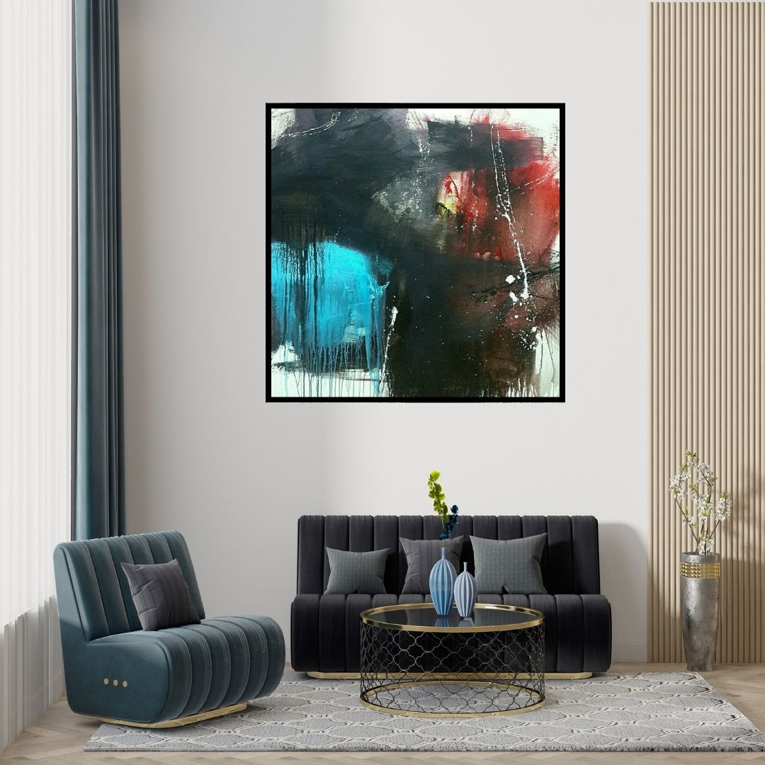 Preview of 'Space 55 (Crimson Tide)' Painting by Gulrez Ali shown on a wall in a furnished room.