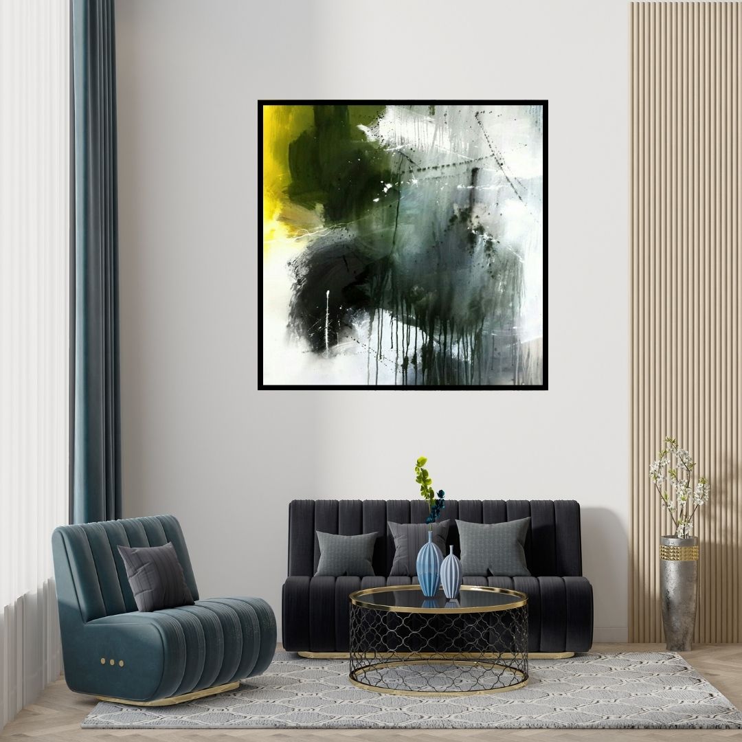 Preview of 'Space 55 (Verdant Echoes)' Painting by Gulrez Ali shown on a wall in a furnished room.