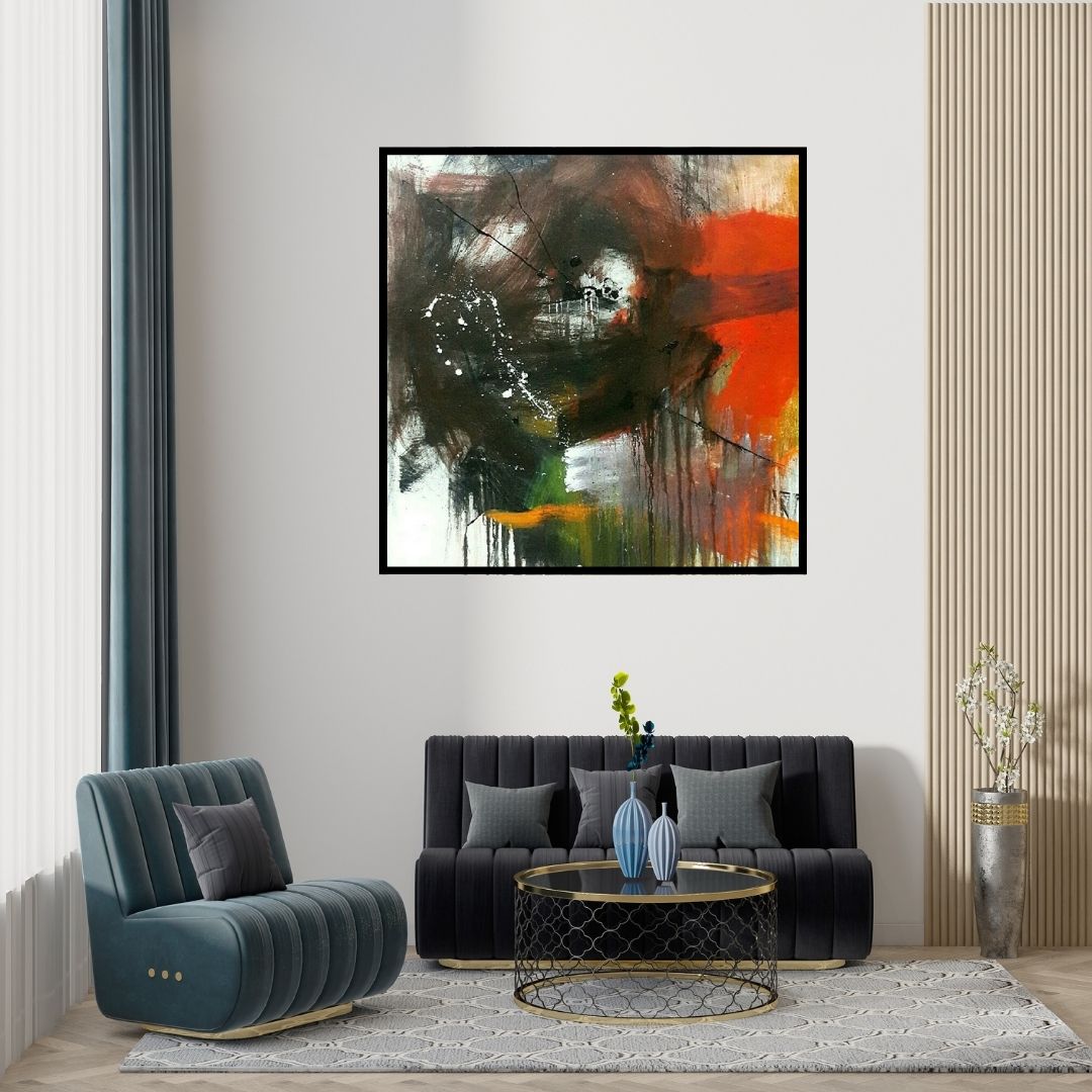 Preview of 'Space 75 (Kindled Earth)' Painting by Gulrez Ali shown on a wall in a furnished room.