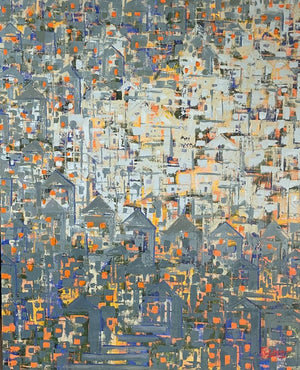 Cityscape oil painting titled 'Space A City In The outer space', 36x30 inches, by artist Karishma Wadhwa on Canvas