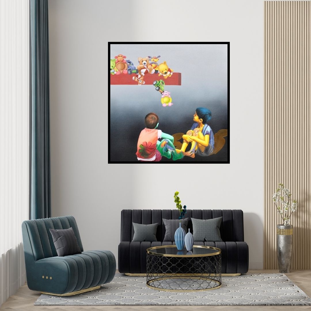 Preview of 'Spano Ki Or 2' Painting by Jitendra Saini shown on a wall in a furnished room.