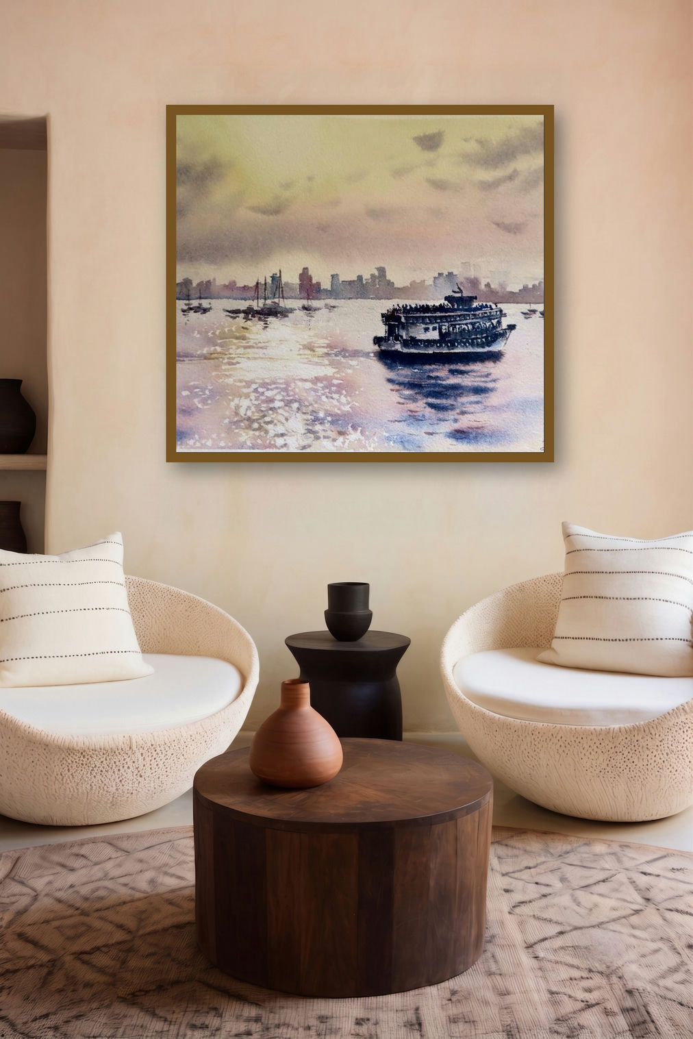 Sparkling Seas (Golden Hour in Mumbai) by artist Lasya Upadhyaya displayed in a Curated gallery