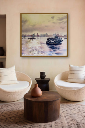 Sparkling Seas (Golden Hour in Mumbai) by artist Lasya Upadhyaya displayed in a Curated gallery