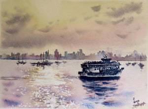 Sparkling Seas (Golden Hour in Mumbai) by Lasya Upadhyaya, Original Watercolor Seascape Painting on Paper, Small Horizontal Wall Art
