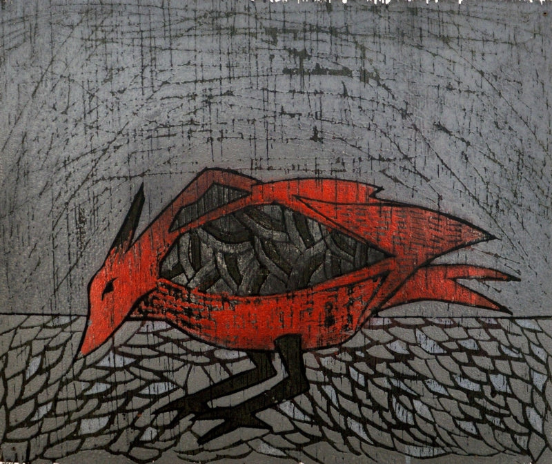 Sparrow 5' animals viscosity printmaking by artist Ankit Kushwaha, 9x9 inch, on paper