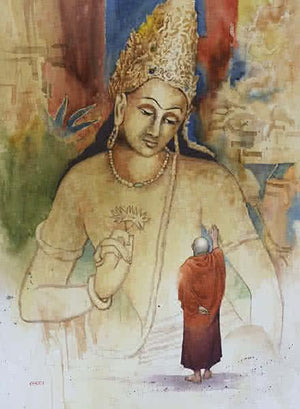Sparsh by Kishor Nadavdekar, Original Watercolor Religious Painting on Paper, Medium Vertical Wall Art