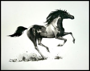 Speed 01 (Galloping Grace) by Deven Ramesh Bhosale, Original Ink Watercolor Animal Painting on Paper, Small Horizontal Wall Art