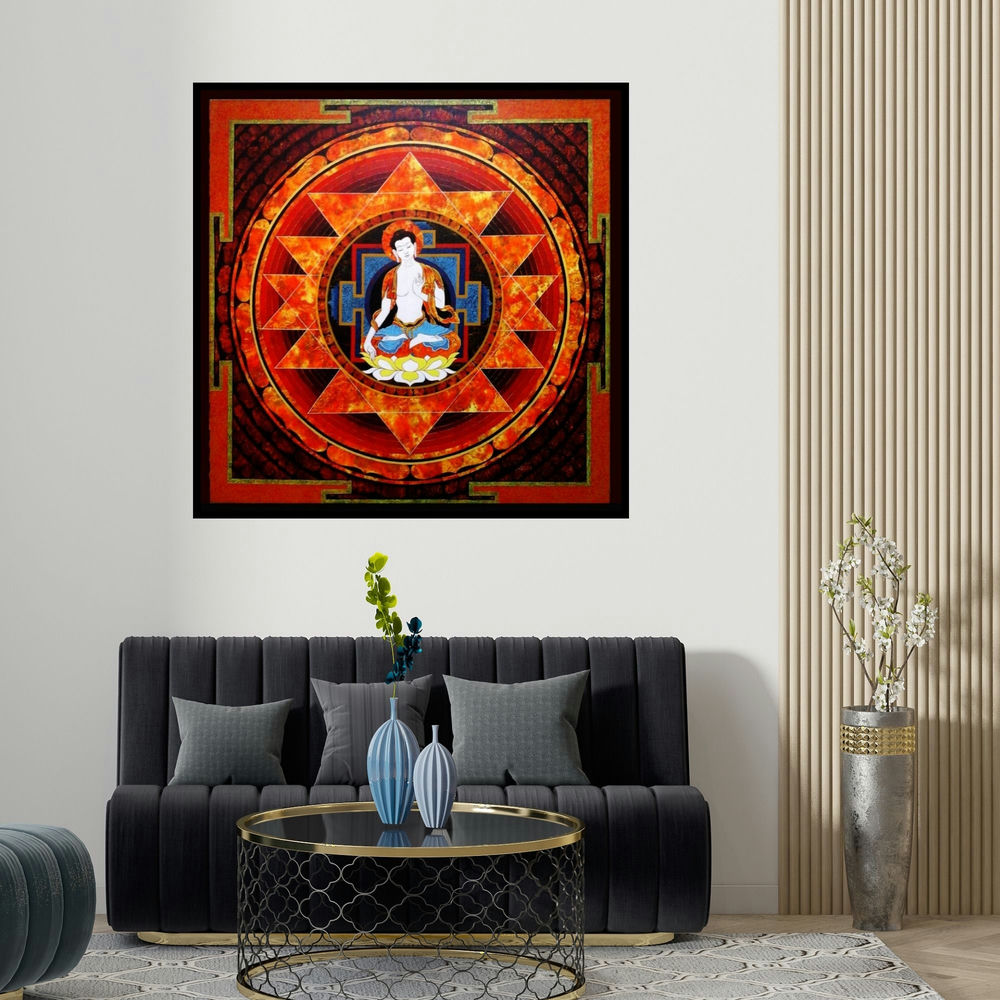 Ajay Meshram's 'Spiritual Buddha' painting visualized above a sofa in a contemporary room.