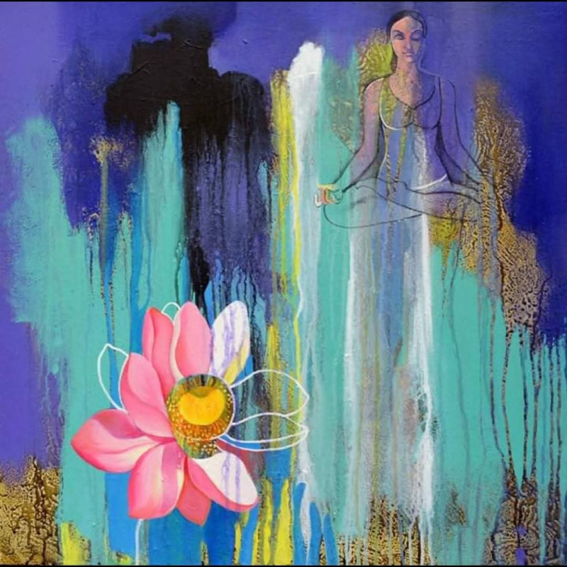 Spiritual Feel' figurative acrylic painting by artist Shyamsundar Achary, 26x26 inch, on canvas