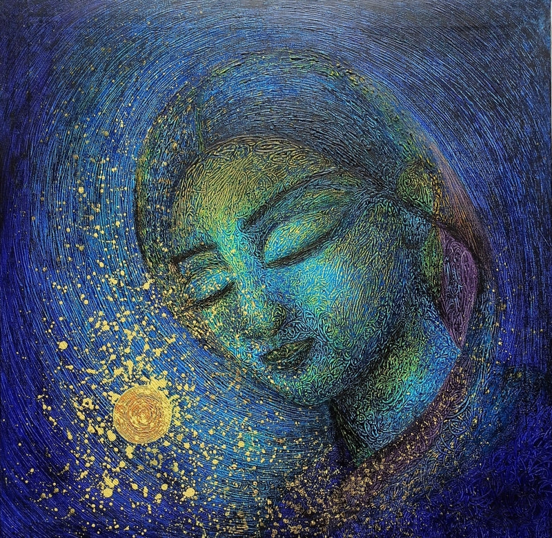 'Spiritual Peace' figurative mixed-media painting by artist Devirani Dasgupta, 30x30 inch, on canvas