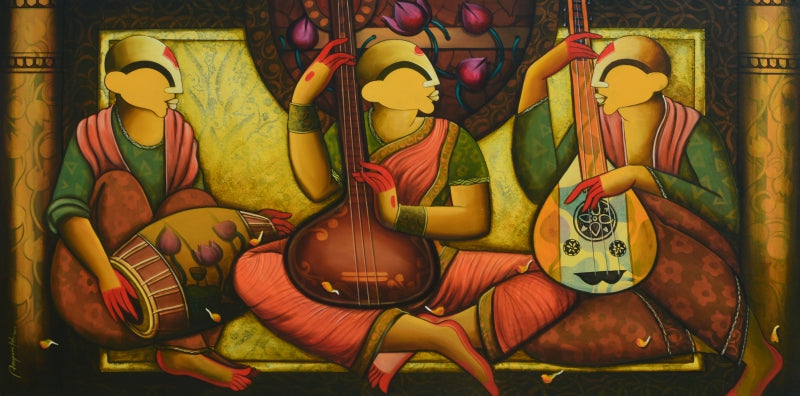 Spiritual Raga' figurative acrylic painting by artist Anupam Pal, 36x72 inch, on canvas