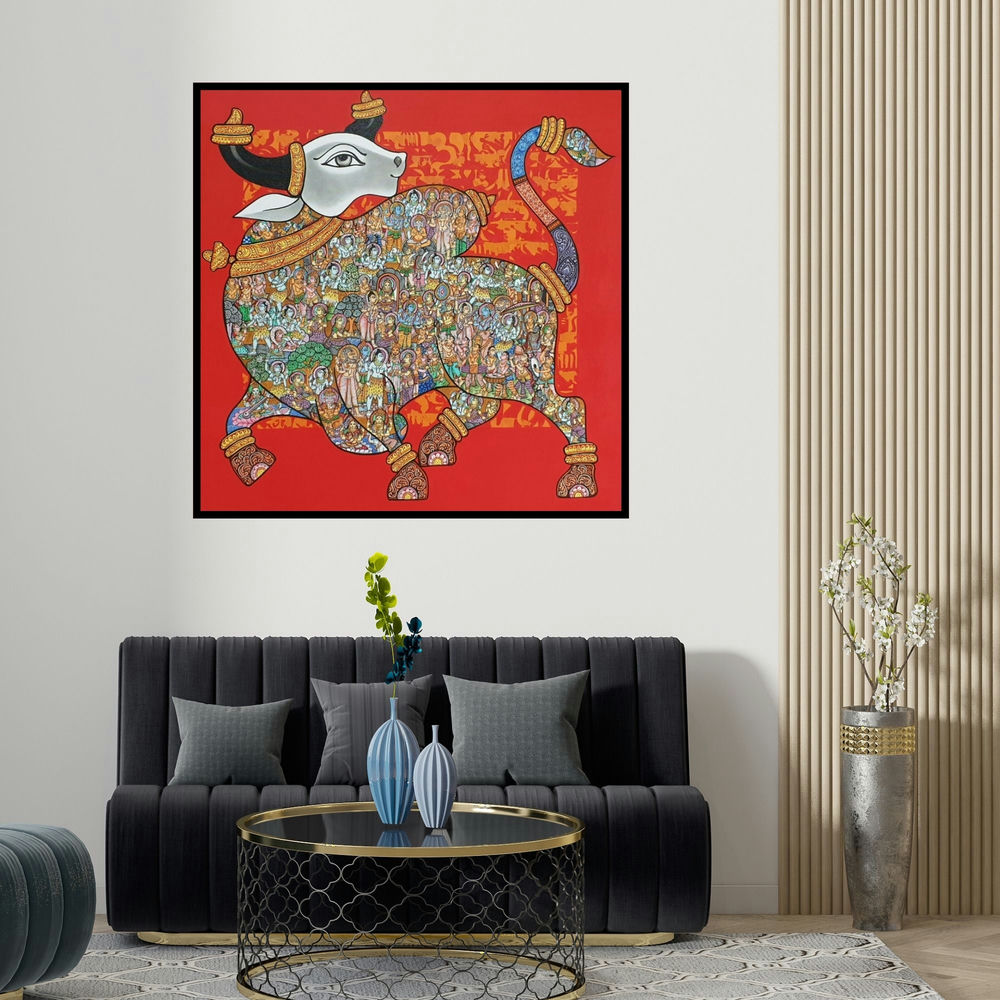 Vivek Kumavat's 'A Spiritual Story (Sacred Nandi)' painting visualized above a sofa in a contemporary room.
