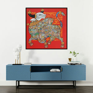 'A Spiritual Story (Sacred Nandi)' painting by Vivek Kumavat shown on a wall in a furnished room.