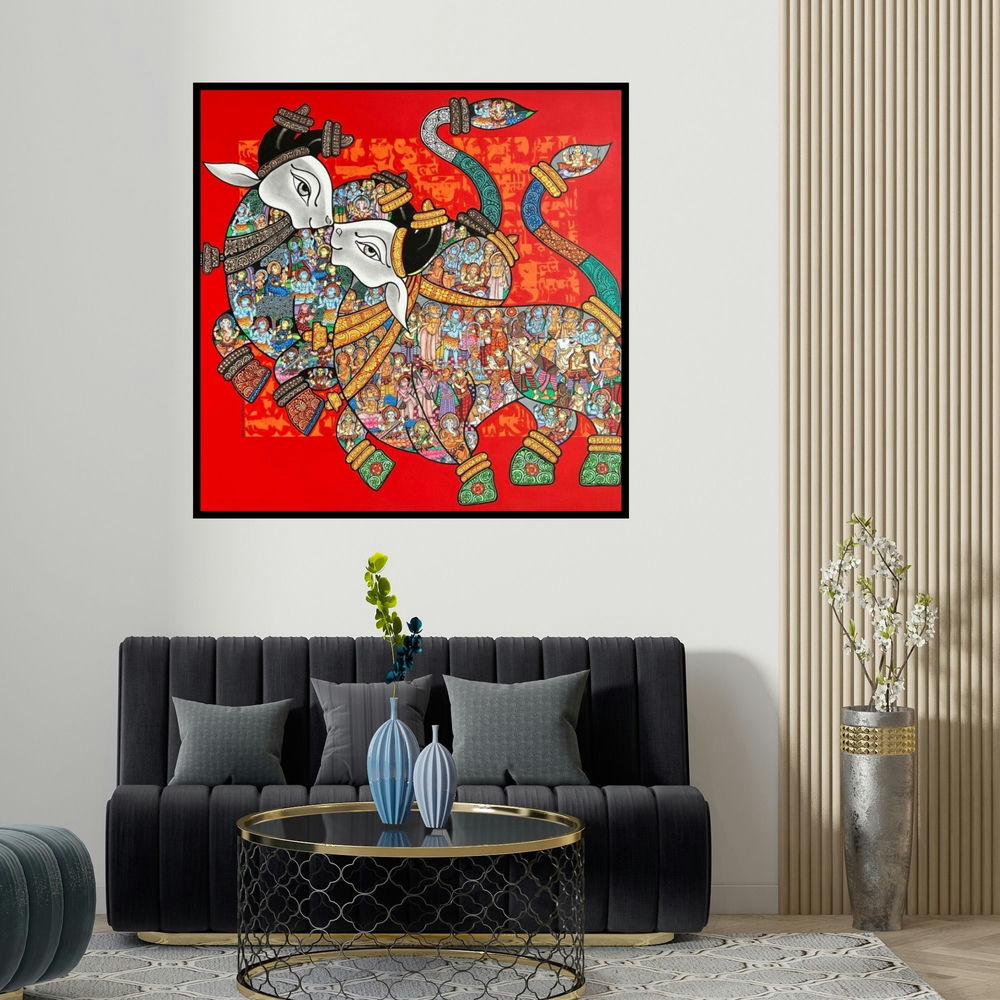 Vivek Kumavat's 'A Spiritual Story (Sacred Embrace)' painting visualized above a sofa in a contemporary room.