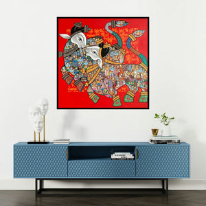 'A Spiritual Story (Sacred Embrace)' painting by Vivek Kumavat shown on a wall in a furnished room.