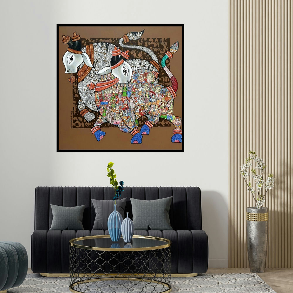 Vivek Kumavat's 'A Spiritual Story' painting visualized above a sofa in a contemporary room.