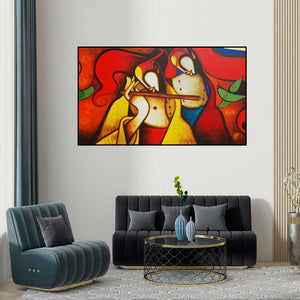 Om Swami's 'Splendours Of Love 1' painting visualized above a sofa in a contemporary room.