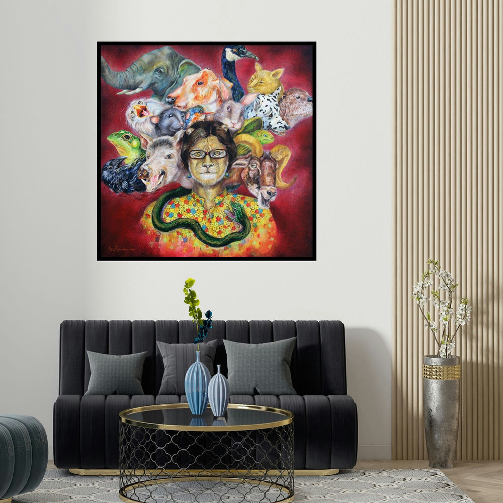 Minal Rajurkar's 'Split Personality (Woman with Animal Heads)' painting visualized above a sofa in a contemporary room.