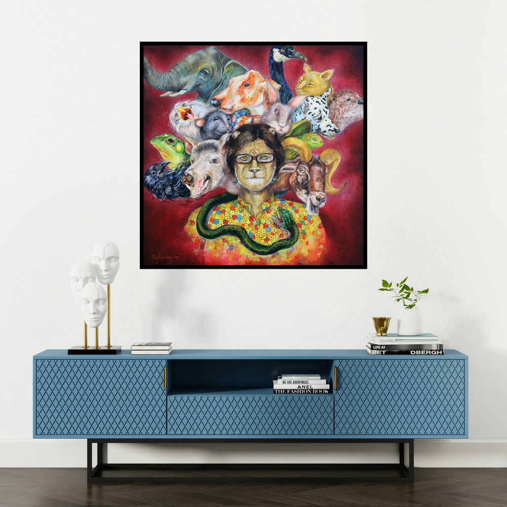 'Split Personality (Woman with Animal Heads)' painting by Minal Rajurkar shown on a wall in a furnished room.