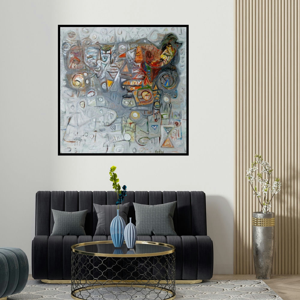 Rajesh Kumar Singh's 'Spontaneous Nature 5' painting visualized above a sofa in a contemporary room.