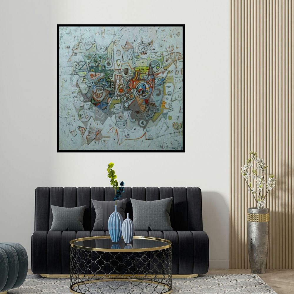 Rajesh Kumar Singh's 'Spontaneous Nature (Cosmic Tapestry)' painting visualized above a sofa in a contemporary room.