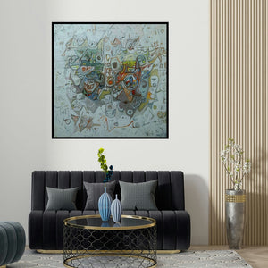 Rajesh Kumar Singh's 'Spontaneous Nature (Cosmic Tapestry)' painting visualized above a sofa in a contemporary room.