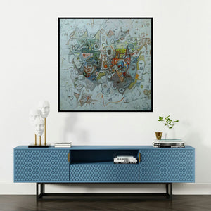 'Spontaneous Nature (Cosmic Tapestry)' painting by Rajesh Kumar Singh shown on a wall in a furnished room.