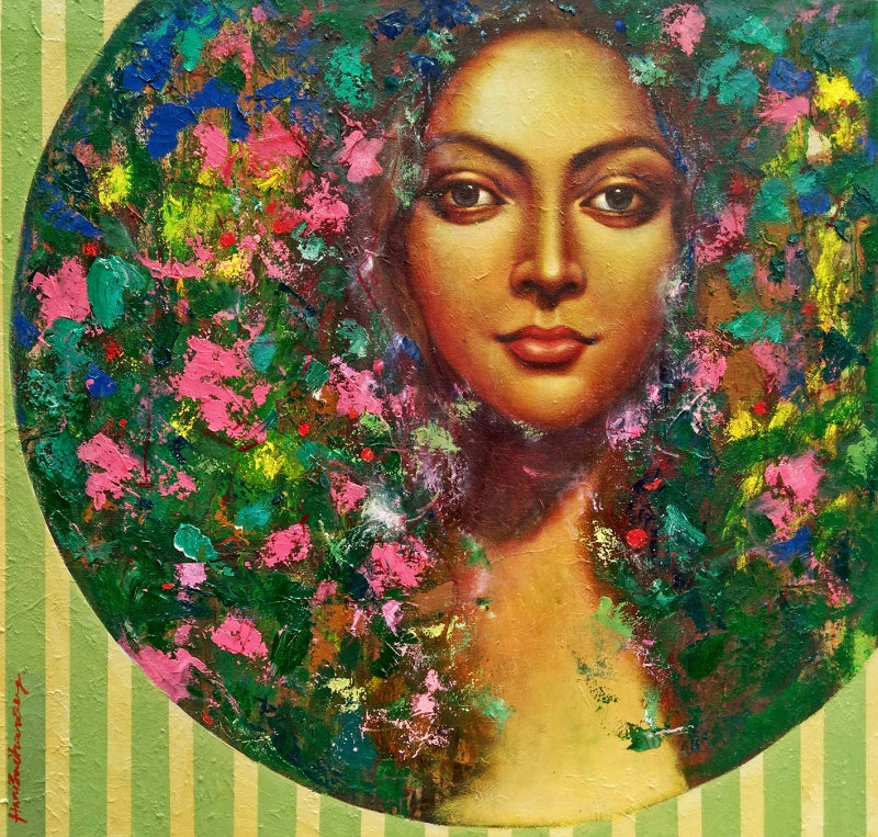 Spring' figurative oil painting by artist Harisadhan Dey, 30x30 inch, on canvas