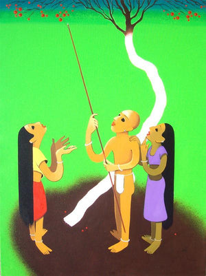 Spring Iii (Awaiting Blossoms) by Prakash Pore, Original Acrylic Figurative Painting on Canvas, Large Vertical Wall Art
