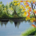 Landscape acrylic painting titled 'Spring Trees Near Lakeside', 24x37 inches, by artist Reema Ravindran on Canvas