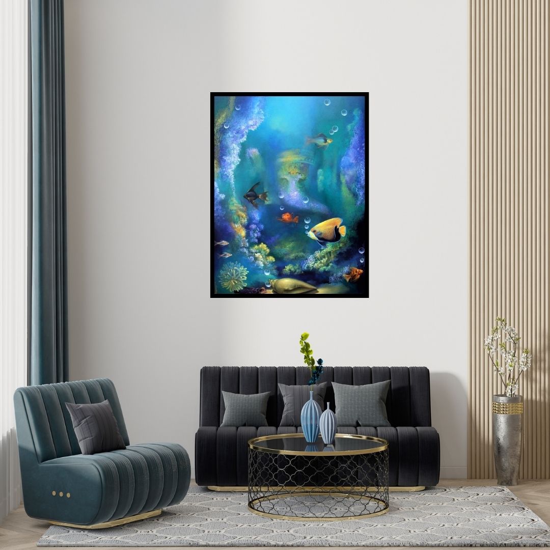Preview of 'Spritual Feel 1 (Coral Reef Dreams)' Painting by Shyamsundar Achary shown on a wall in a furnished room.