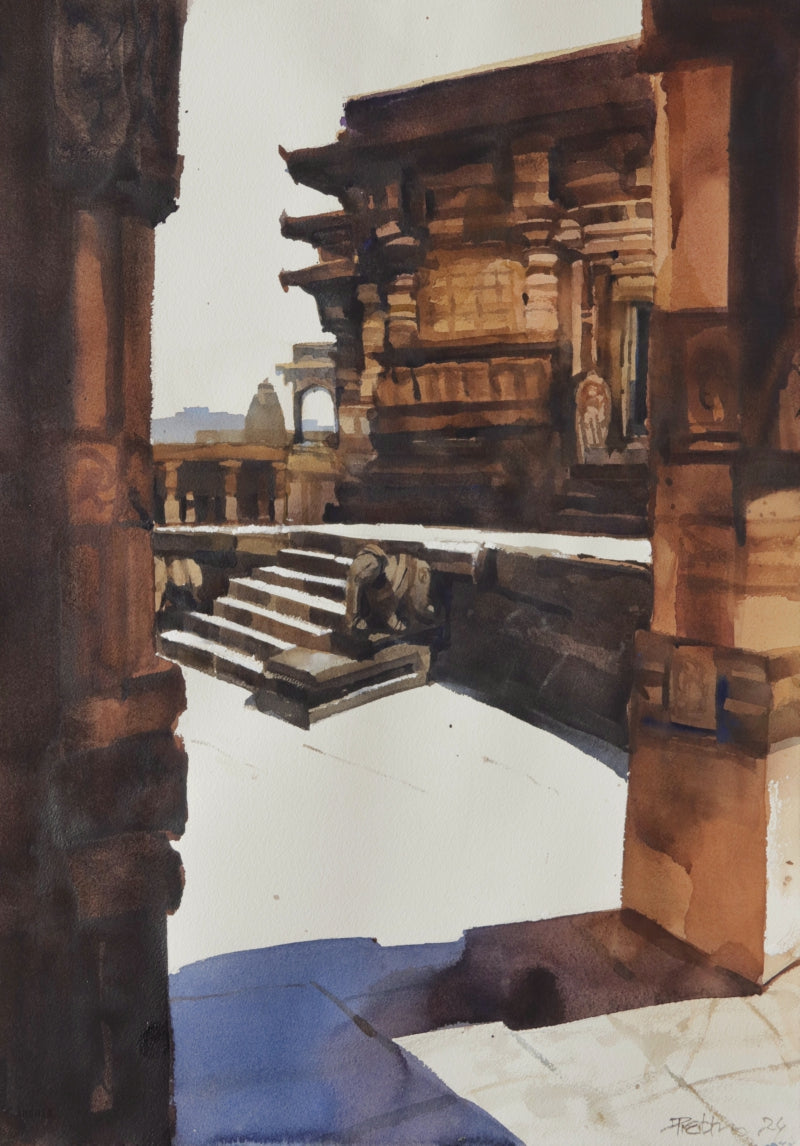 Square Of Sunshine Pillars Of Heritage' religious watercolor painting by artist Prashant Prabhu, 30x22 inch, on paper