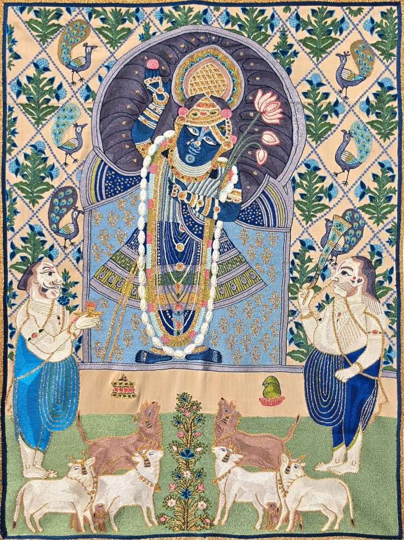 Sreenathji' religious pichwai Traditional Art by artist Ana, 32x22 inch, on cloth